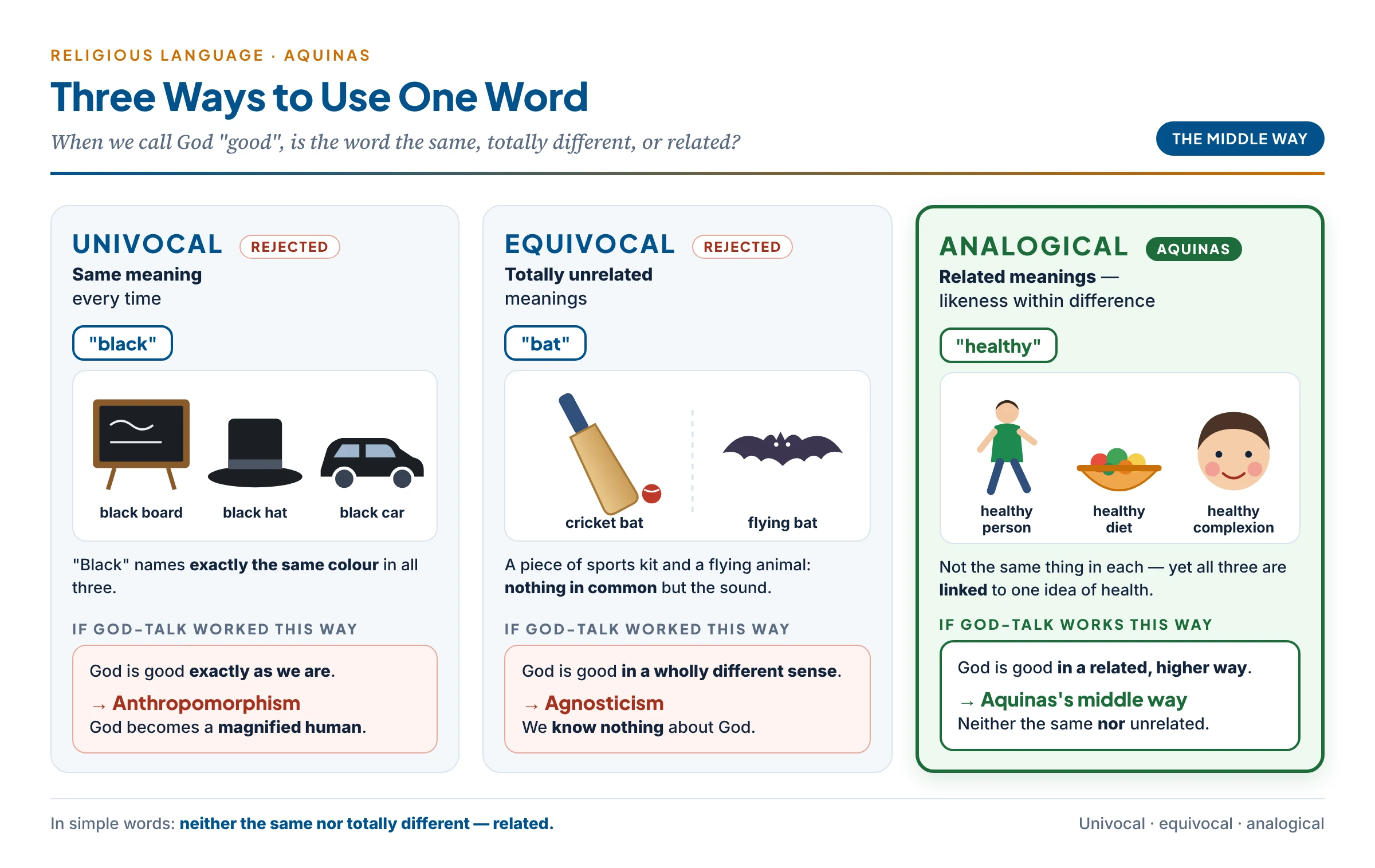 Three ways of using one word: univocal (black board, black hat, black car — same meaning), equivocal (bat for the cricket bat and the flying mammal — unrelated meanings) and analogical (healthy for a person, a diet and a complexion — related meanings), with the God-talk result of each: anthropomorphism, agnosticism, and Aquinas's middle way