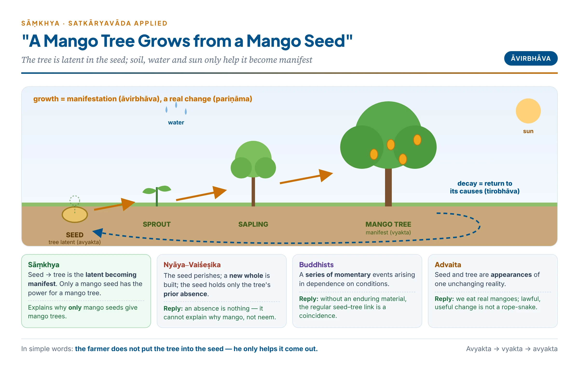How Sāṃkhya explains the mango tree: the tree is latent in the seed, soil, water and sun only manifest it, and decay returns it to its causes — with the rival readings of Nyāya, the Buddhists and Advaita