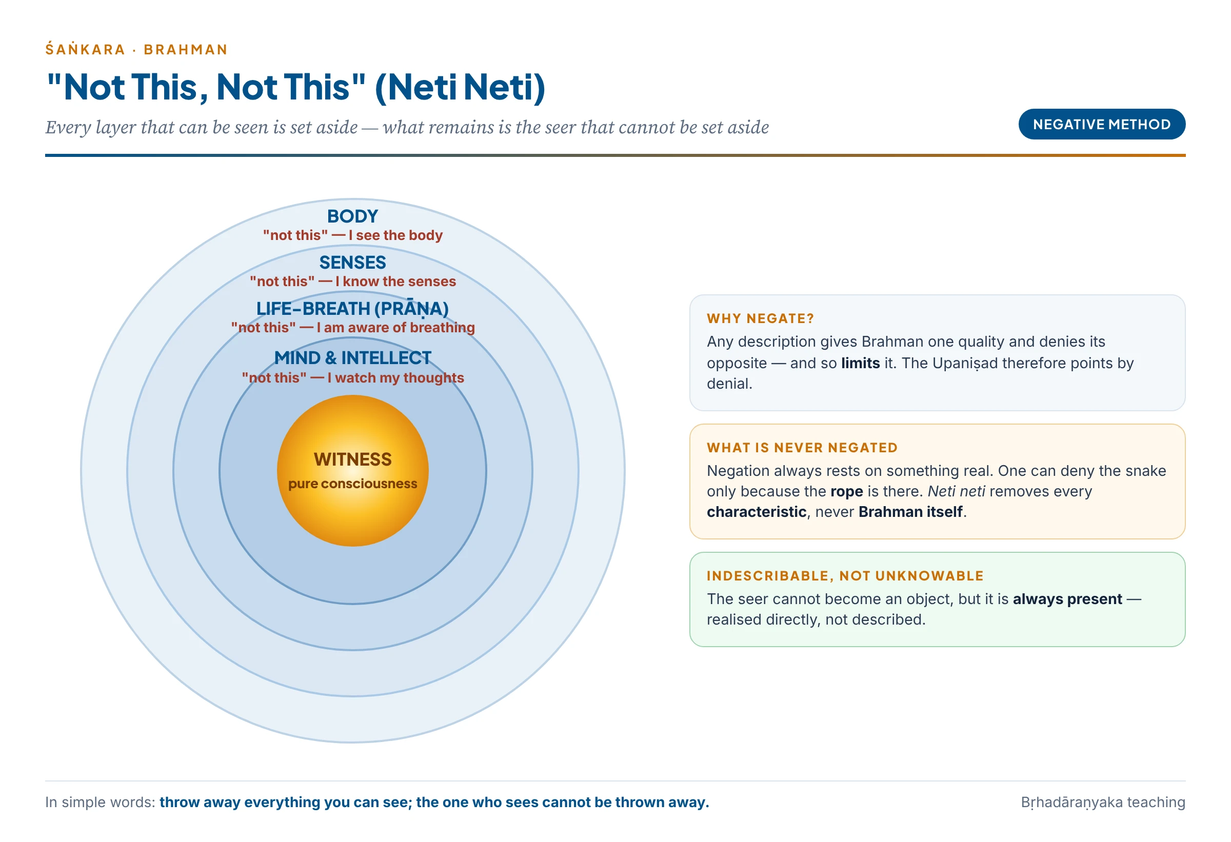 Neti neti as peeling layers: body, senses, life-breath, mind and intellect are each set aside as "not this", until only the witnessing consciousness that did the setting aside remains