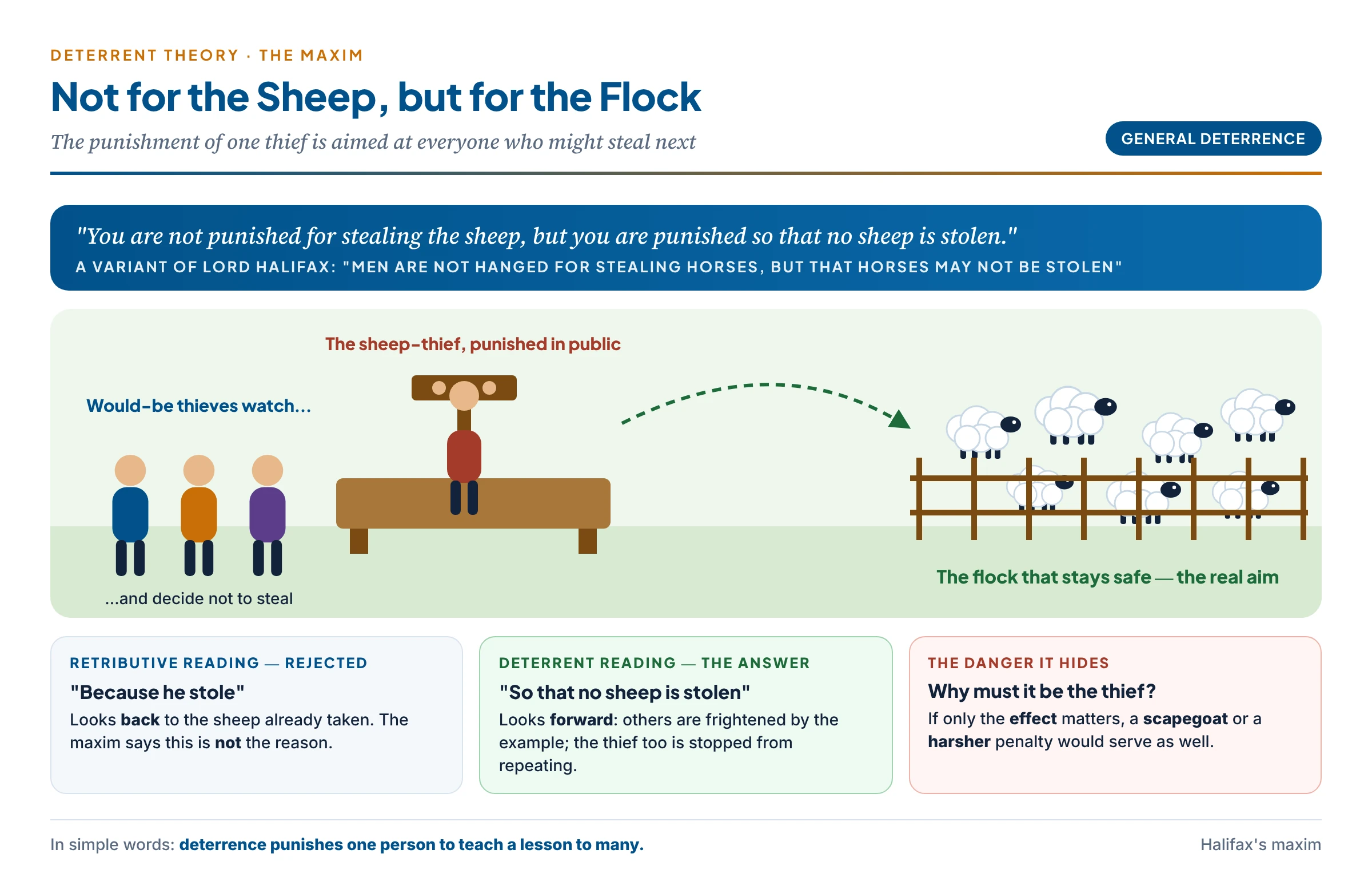 You are not punished for stealing the sheep, but so that no sheep is stolen: a village scene in which a thief is punished in public while would-be thieves watch and turn away — the retributive reason looks back to the stolen sheep, the deterrent reason looks forward to the flock that stays safe