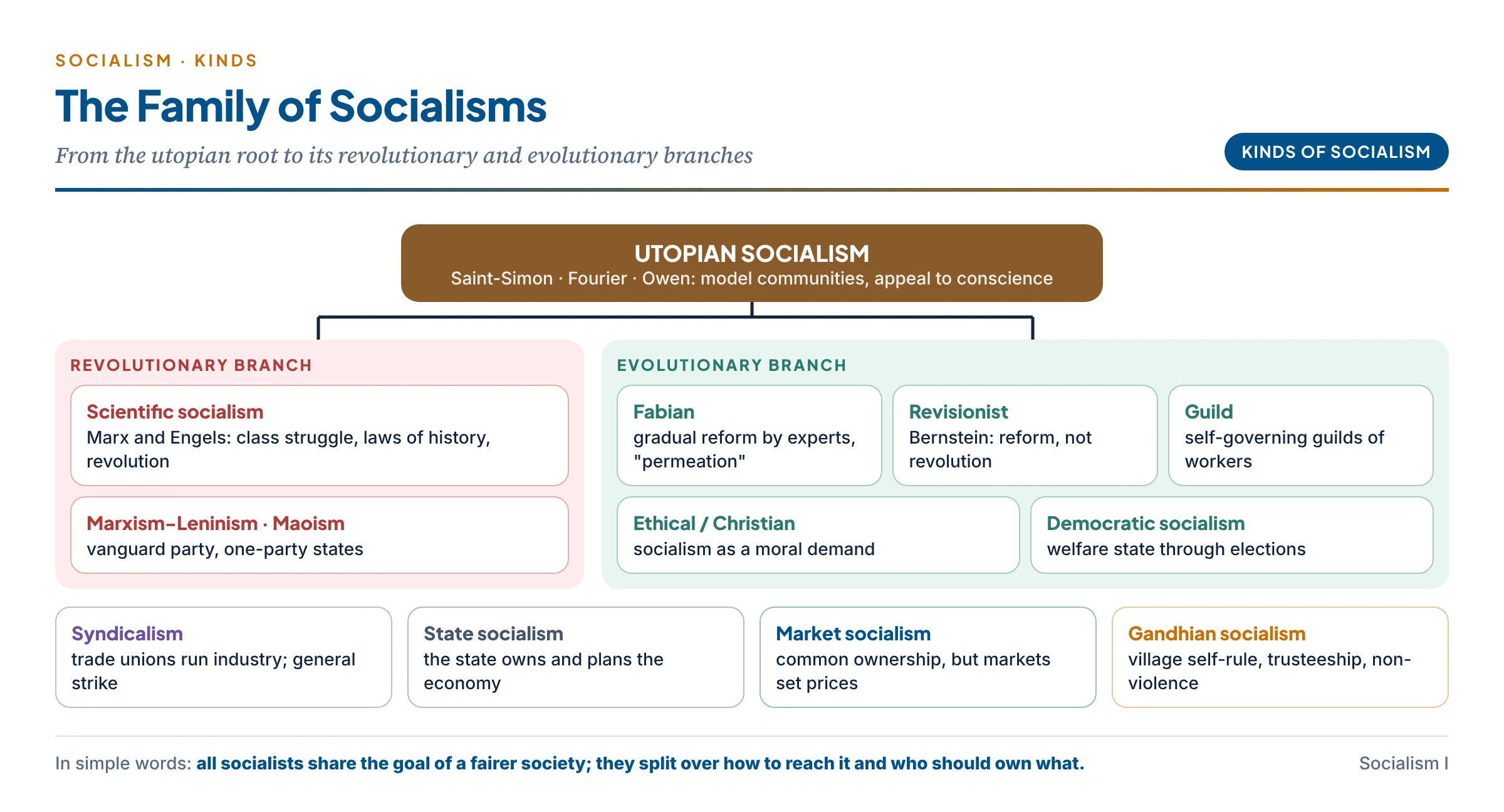 The family of socialisms: a branching tree with utopian socialism (Saint-Simon, Fourier, Owen) at the root, splitting into scientific socialism (Marx, Engels) on one side and evolutionary socialisms (Fabian, revisionist, guild, ethical, democratic) on the other, with syndicalism, state socialism, market socialism and Gandhian socialism as further branches
