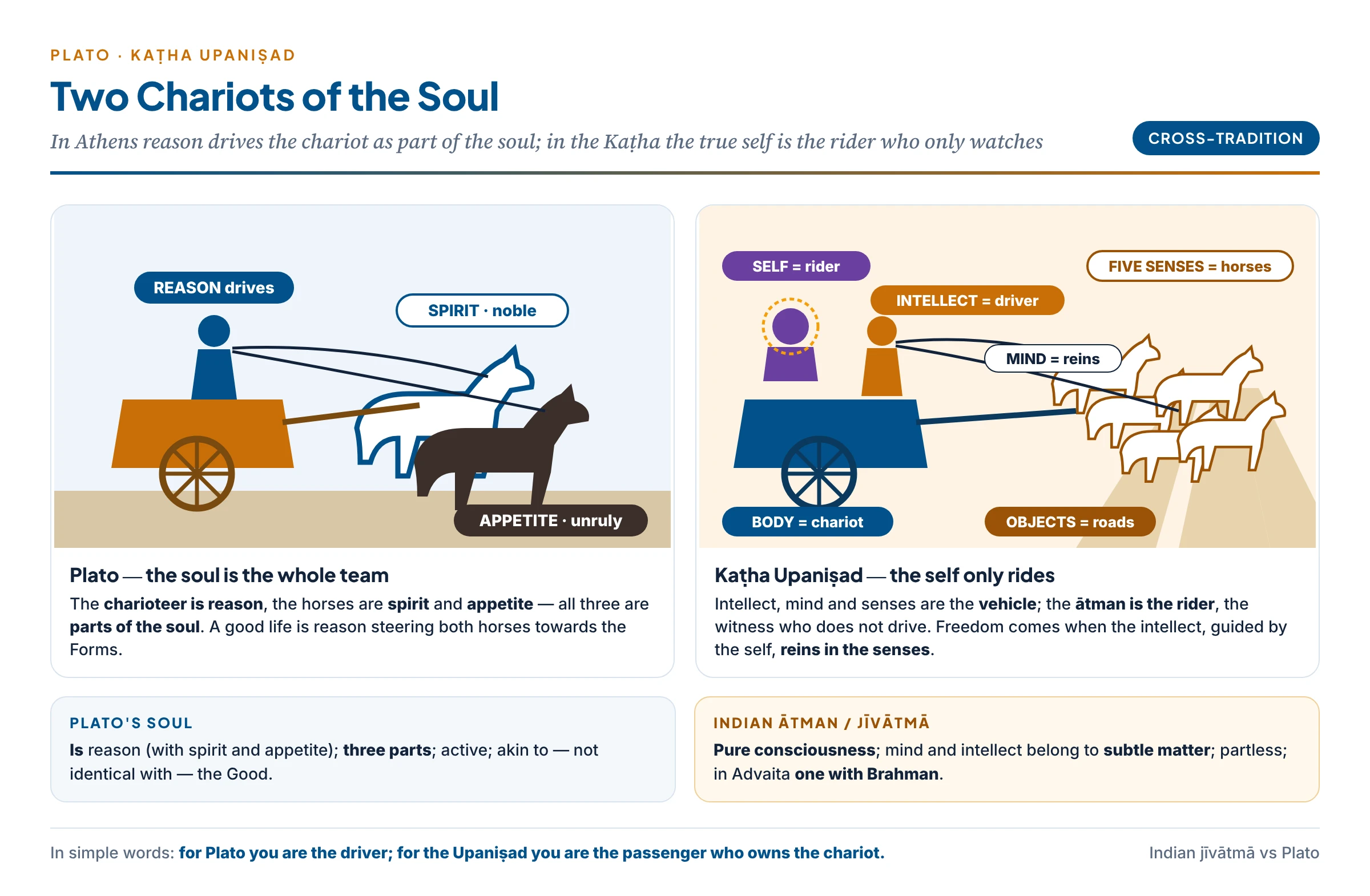 Two chariots: Plato's soul as charioteer with two horses, and the Kaṭha Upaniṣad's self as the rider with intellect as charioteer