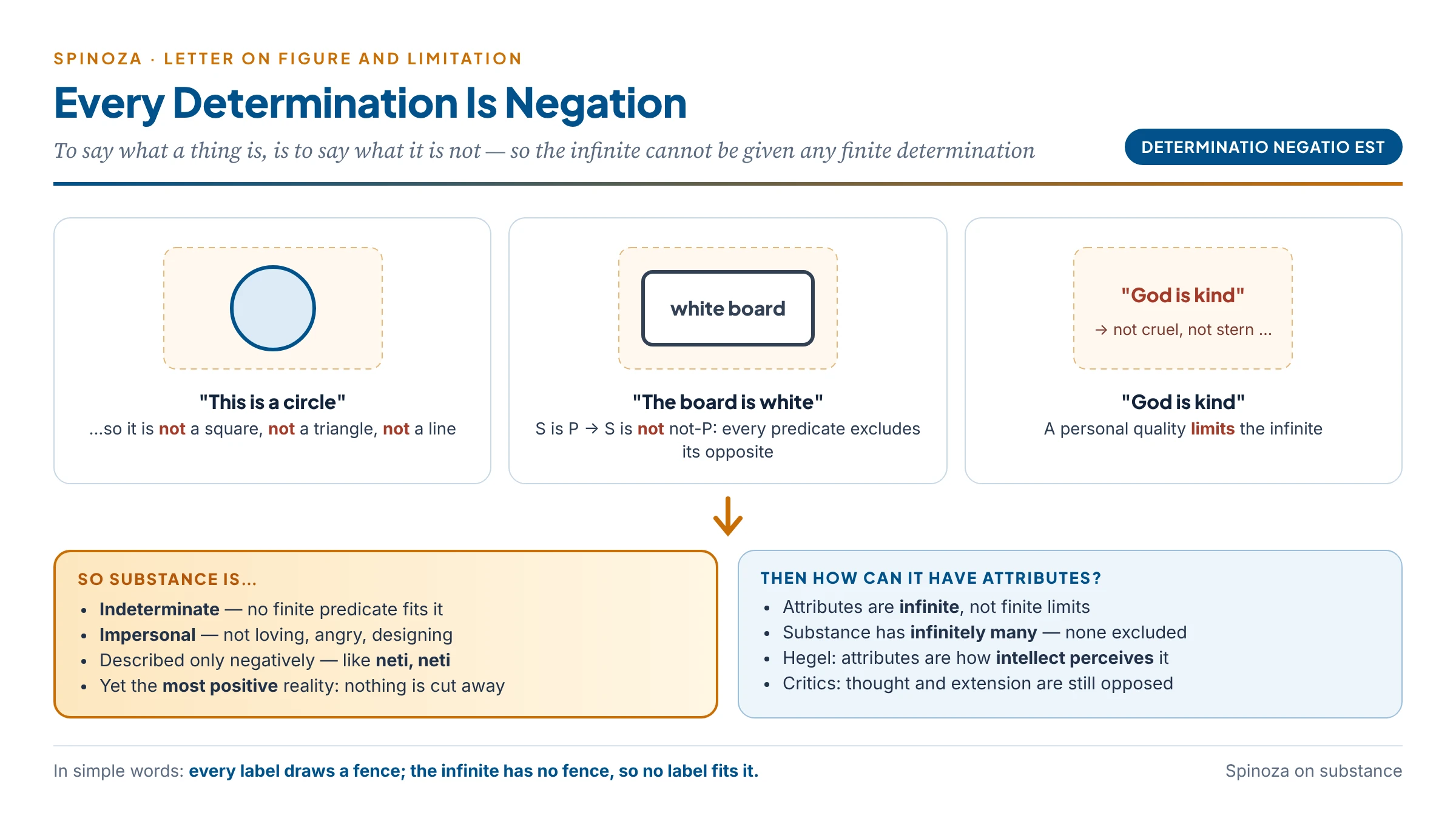 Every determination is negation: to call something a circle, a white board or a kind God is to exclude its opposite — so the infinite Substance can have no finite determination