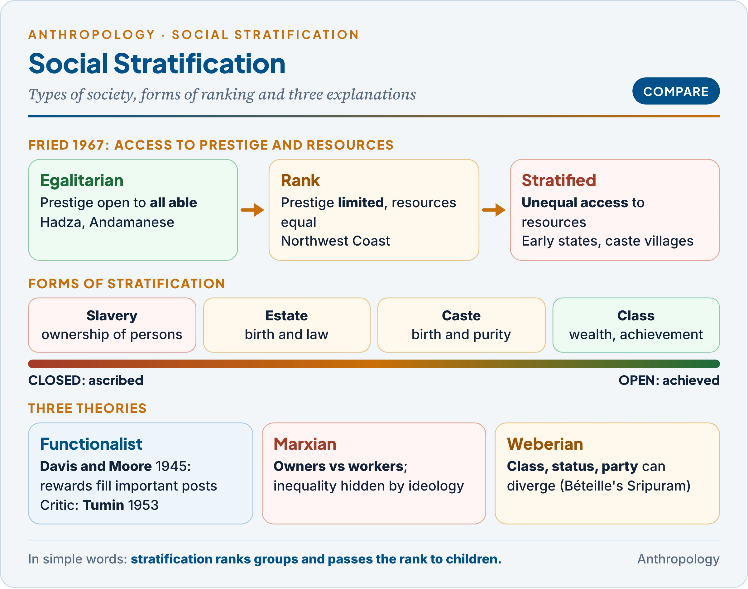 Social stratification: Fried's egalitarian, rank and stratified societies, the forms of slavery, estate, caste and class from closed to open, and the functionalist, Marxian and Weberian theories