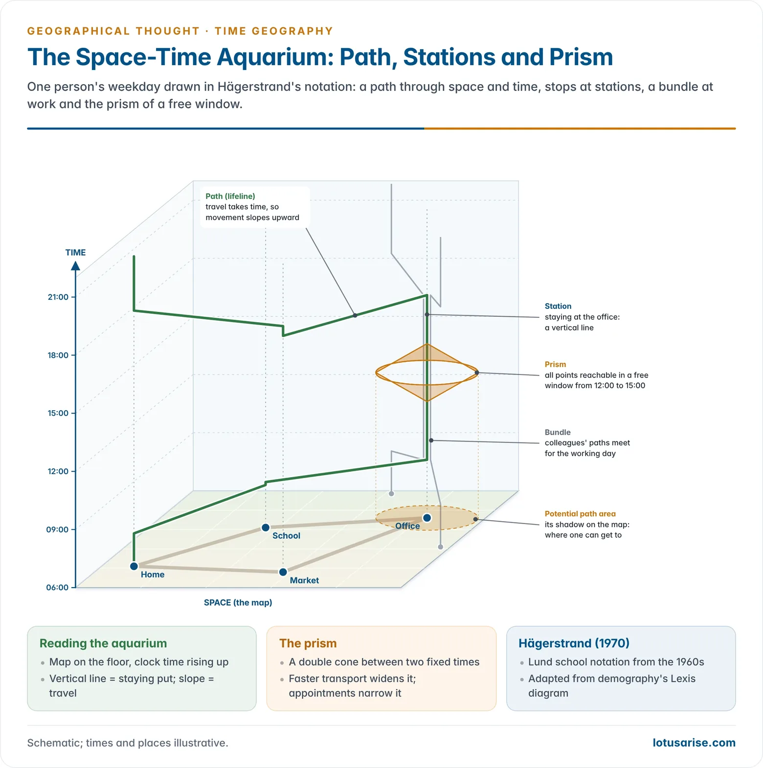 Space-time aquarium with a map of home, school, office and market on the base and time of day rising vertically, showing one person's daily path between stations as a sloping line, vertical segments for staying in place, a bundle at the office and the time-space prism of places reachable during a lunch break