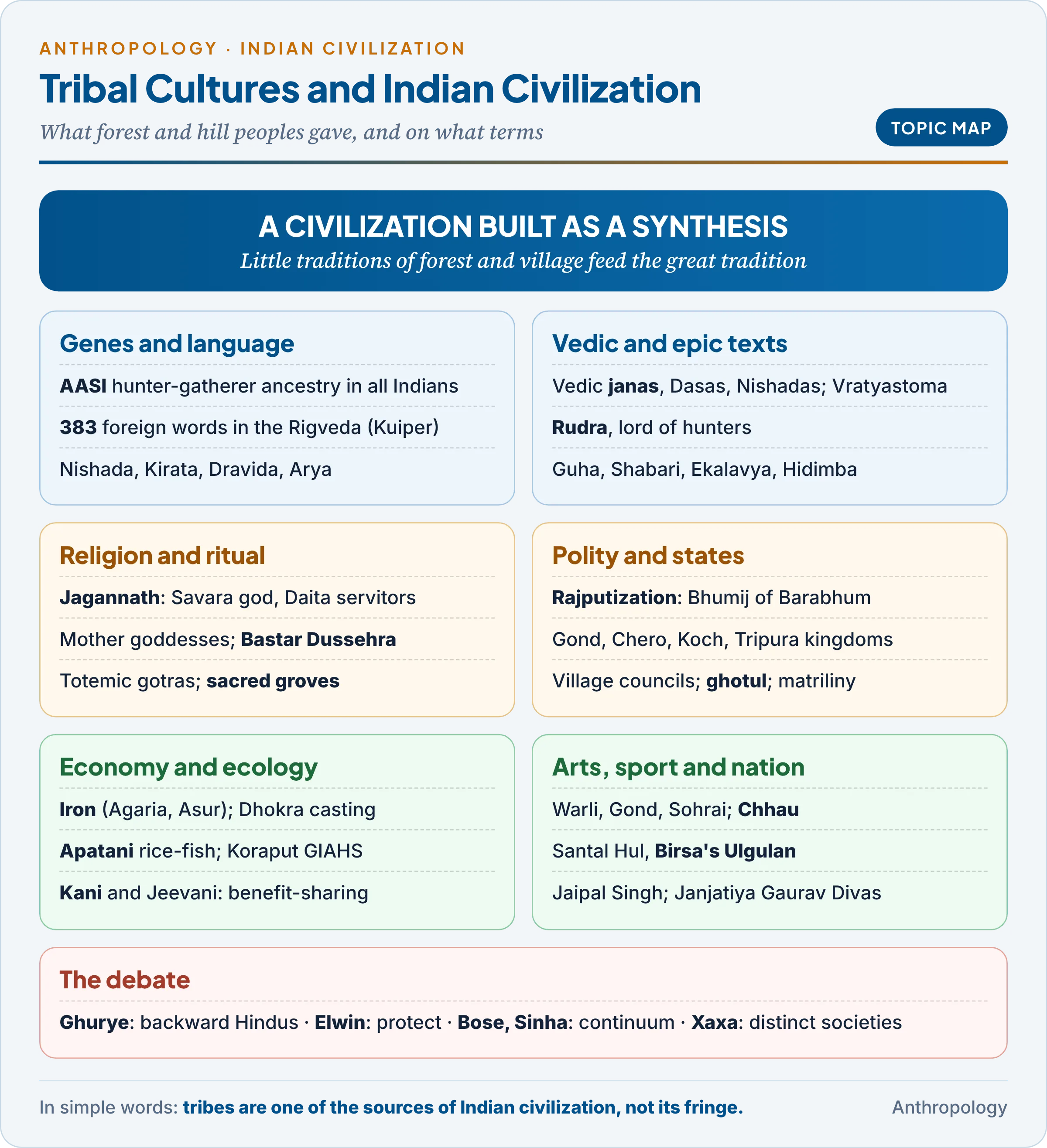 Topic map: how tribal cultures shaped Indian civilization through genes and languages, Vedic and epic traditions, religion, state formation, economy and ecology, arts, and the freedom struggle, with the debate on the contribution idea