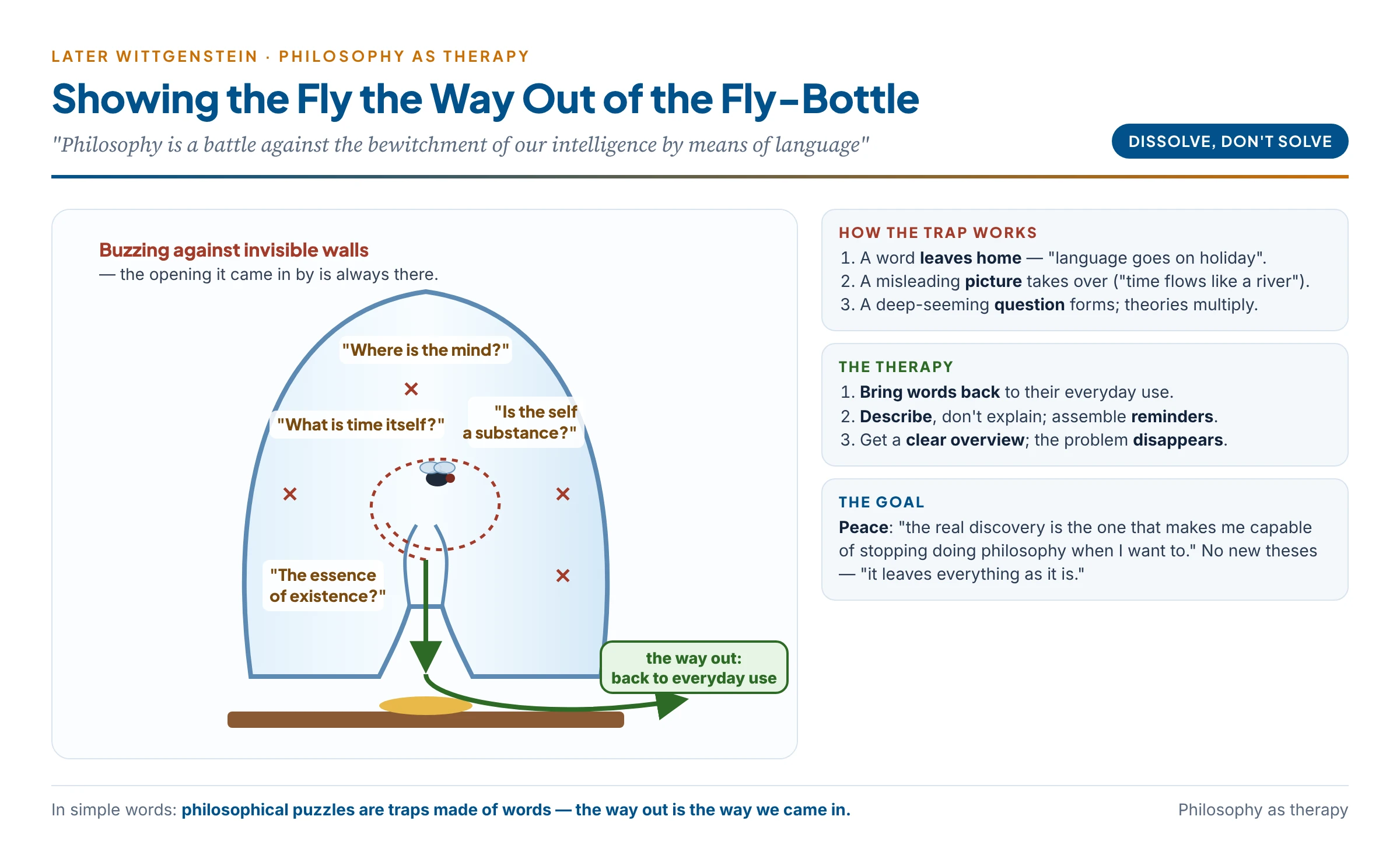 The fly in the fly-bottle: a philosopher-fly buzzing against glass walls labelled with misleading pictures, while the open neck below is the way back to ordinary use
