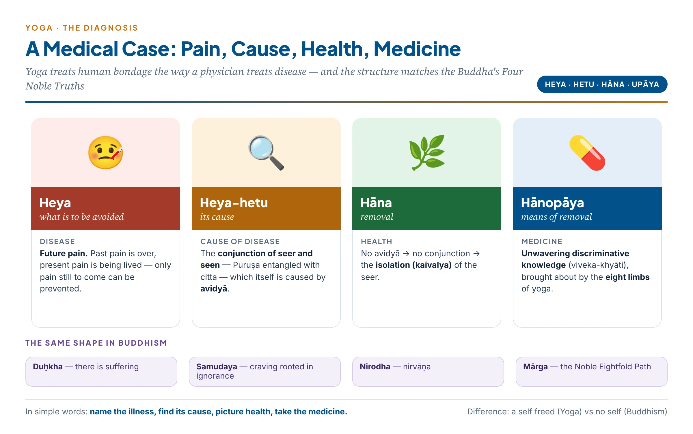 The fourfold scheme of Yoga drawn as a medical case: disease (future pain), cause (conjunction of seer and seen through avidyā), health (kaivalya) and medicine (discriminative knowledge through the eight limbs)