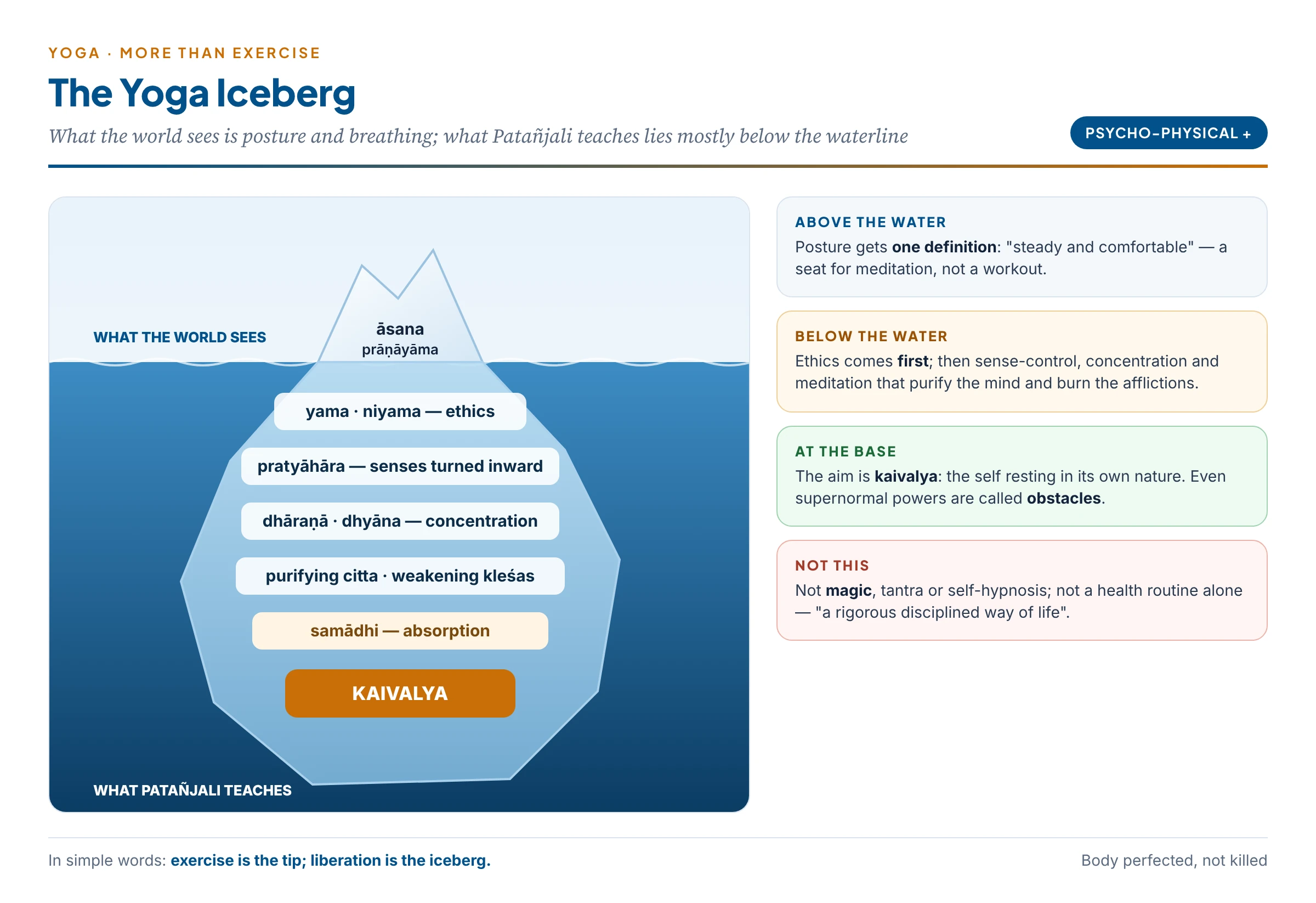 The yoga iceberg: postures and breathing above the waterline; ethics, sense-withdrawal, concentration, meditation, samādhi and kaivalya below it