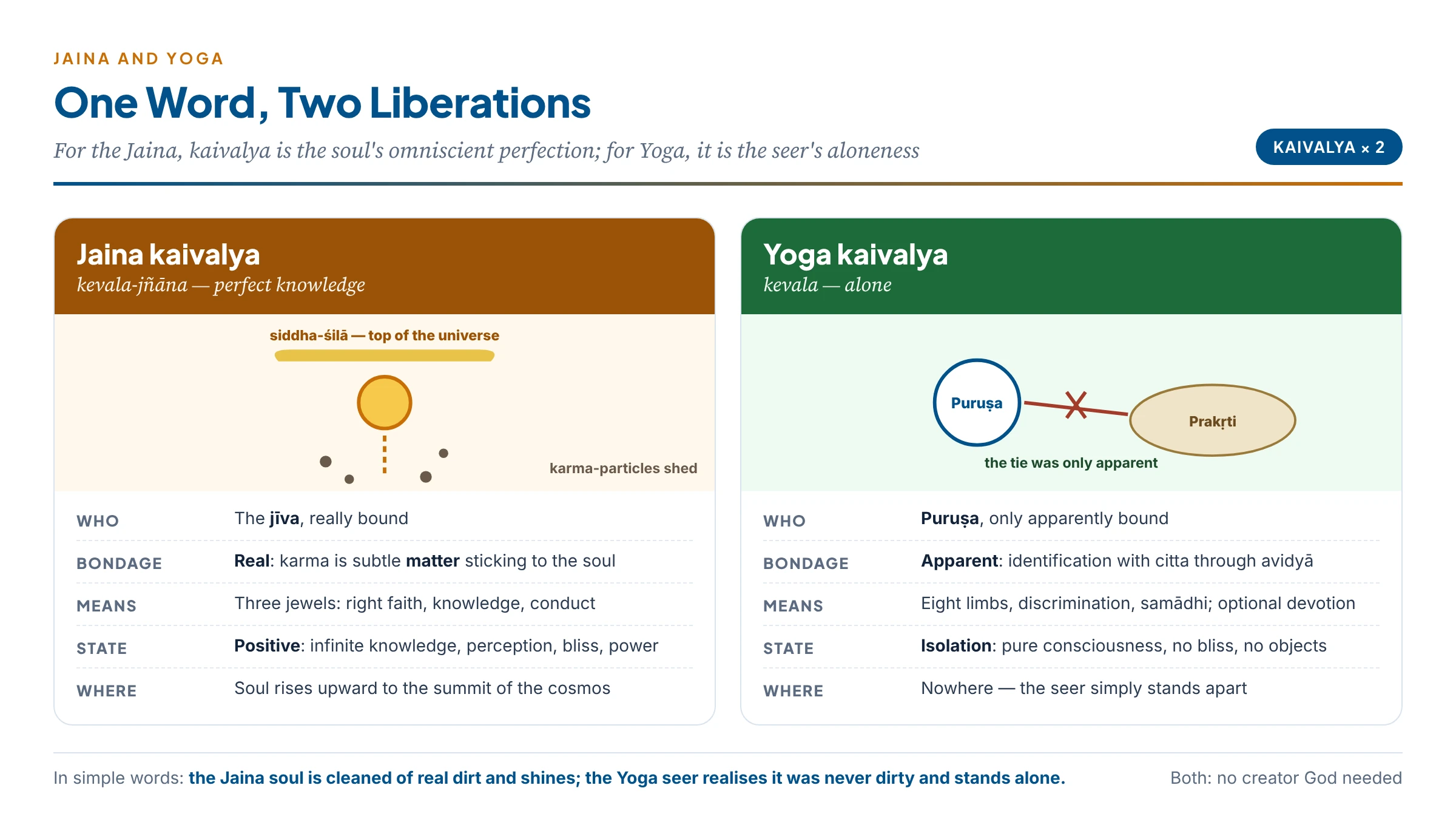 Two meanings of kaivalya: in Jainism the soul, freed from real karmic matter, shines with infinite knowledge and bliss and rises upward; in Yoga the seer, freed from an apparent tie, simply stands alone as pure consciousness