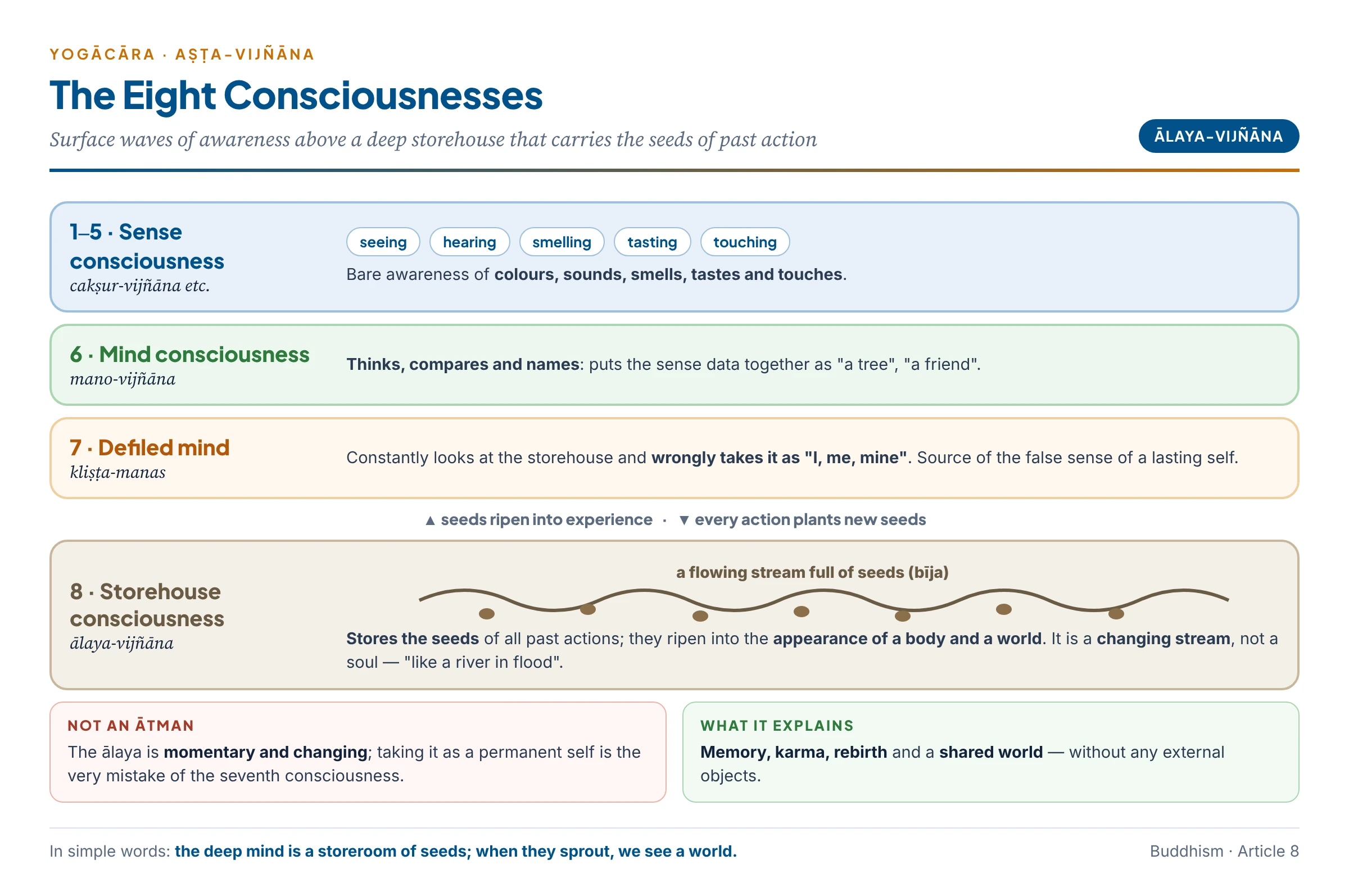 The eight consciousnesses: five sense-consciousnesses and mind-consciousness on the surface, the defiled mind that clings to "I", and beneath them the storehouse-consciousness where the seeds of past actions are stored and ripen into experience and the appearance of a world